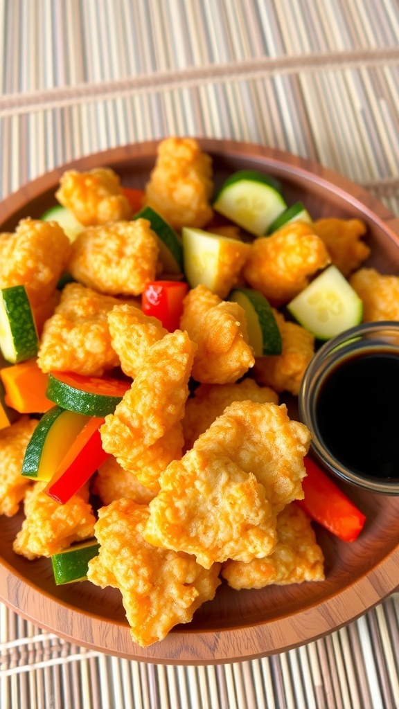 Crispy vegetable tempura with assorted vegetables and soy sauce on a wooden platter.